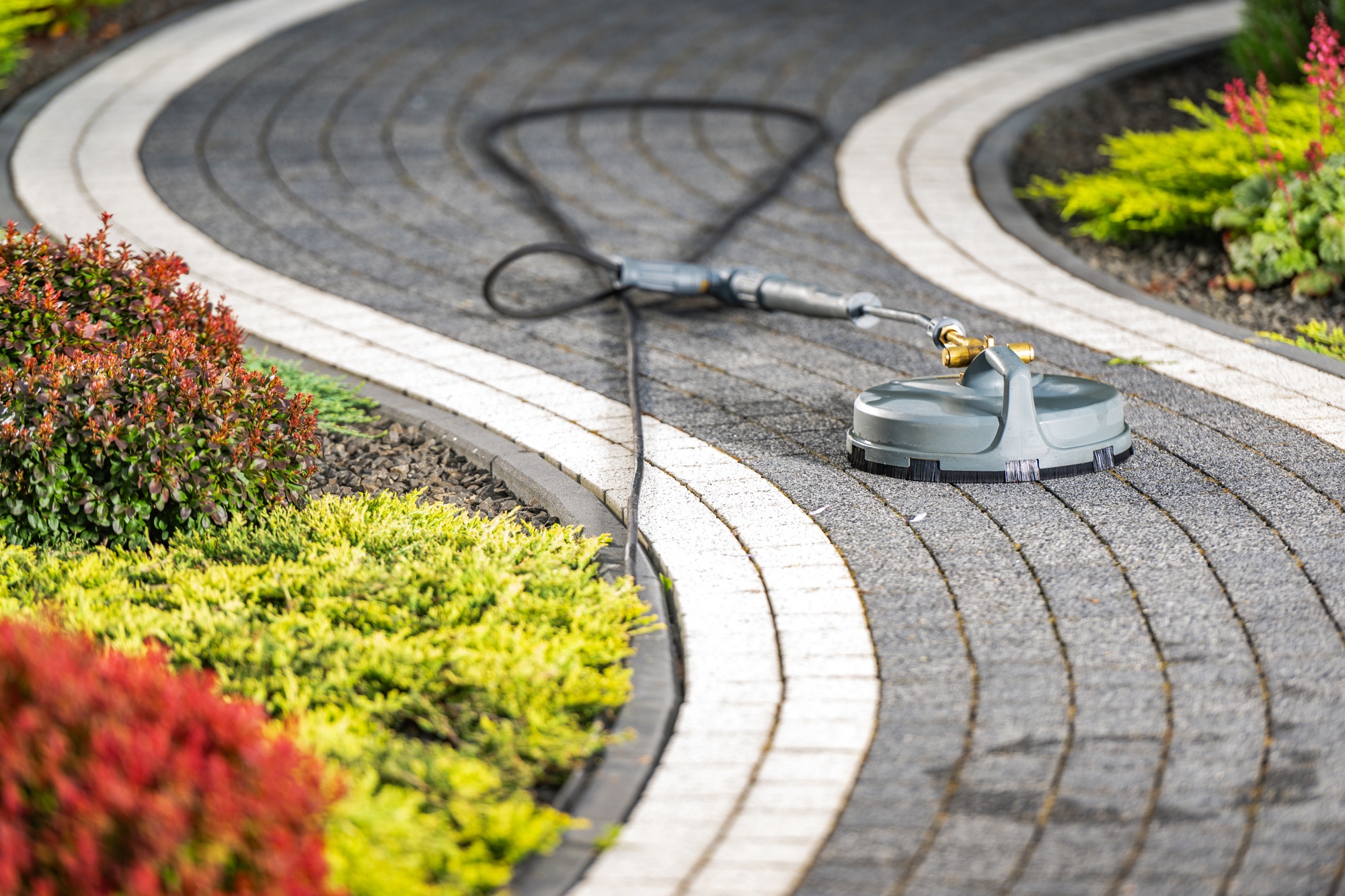Gepflegte Pflasterfläche ohne Unkraut in einem modernen Garten